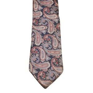 Lands' End Men Neck Tie 100% Silk Paisley Blue Red Silver Multicolor